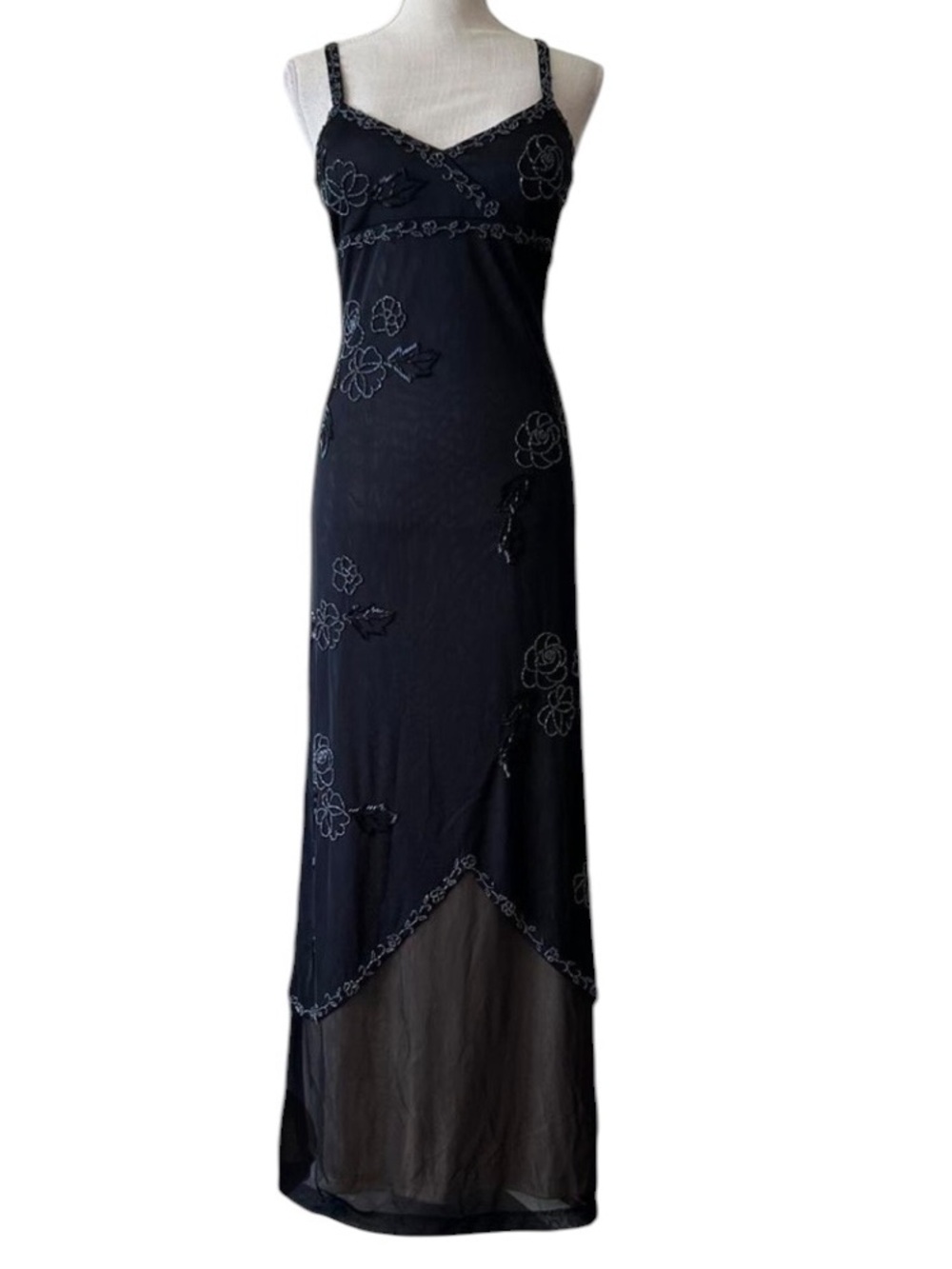 Cache 90s black empire waist floral beaded sheer overlay maxi slip dress - Picture 2 of 15